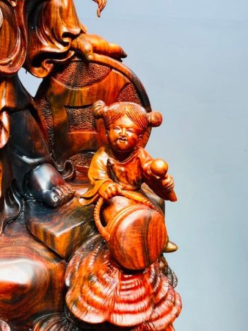 Di Lạc Nhị Tiểu Cầm Hoa Sen Gỗ Trắc
