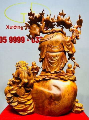 Di Lạc Vác Cành Đào Ngũ Tiểu Nhất Nghê Đứng Bao TIền Gỗ Nu Hương