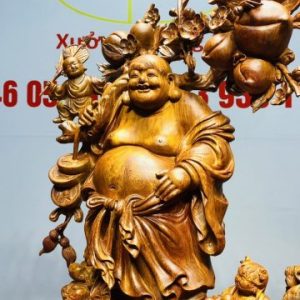 Di Lạc Vác Cành Đào Ngũ Tiểu Nhất Nghê Đứng Bao TIền Gỗ Nu Hương