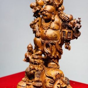 Di Lạc Nhị Tiểu Vác Cành Đào Đứng Bao Tiền Gỗ Sưa