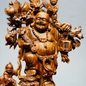 Di Lạc Nhị Tiểu Vác Cành Đào Đứng Bao Tiền Gỗ Sưa