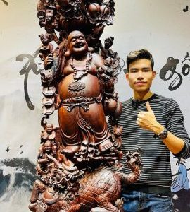 Di Lạc Cửu Tiểu Vác Cành Đào Nhất Long Lân Đứng Bao Tiền Gỗ Trắc
