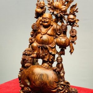Di Lạc Vác Cành Đào Nhị Tiểu Nhất Nghê Đứng Bao Tiền Gỗ Sưa