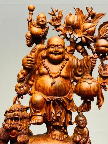 Di Lạc Vác Cành Đào Nhị Tiểu Nhất Nghê Đứng Bao Tiền Gỗ Sưa