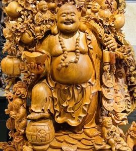 Di Lạc Vác Cành Đào Ngũ Phúc Đứng Bao Tiền Gỗ Nu Hương