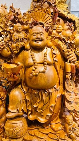Di Lạc Vác Cành Đào Ngũ Phúc Đứng Bao Tiền Gỗ Nu Hương