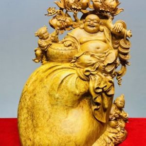 Di Lạc Vác Cành Đào Nhị Tiểu Ngồi Bao Tiền Gỗ Nu Hương