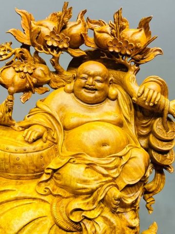 Di Lạc Vác Cành Đào Nhị Tiểu Ngồi Bao Tiền Gỗ Nu Hương