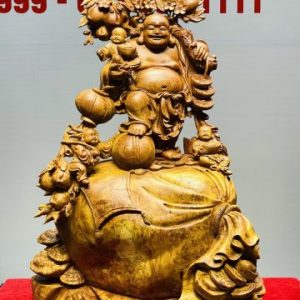 Di Lạc Tam Tiểu Vác Cành Đào Đứng Bao Tiền Gỗ Nu Hương