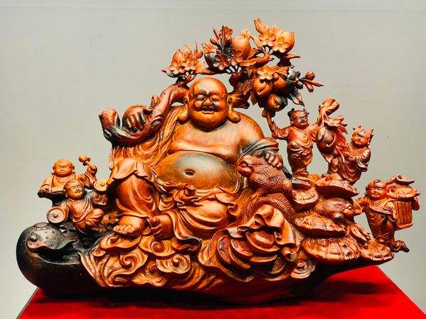 Di Lạc Vác Cành Đào Ngũ Tiểu Ngồi Bao Tiền Gỗ Trắc