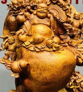 Di Lạc Tam Tiểu Vác Cành Đào Ngồi Bao Tiền Gỗ Nu Hương Ôm Đá