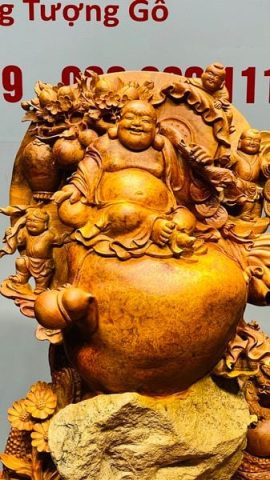 Di Lạc Tam Tiểu Vác Cành Đào Ngồi Bao Tiền Gỗ Nu Hương Ôm Đá