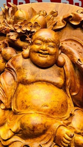Di Lạc Tam Tiểu Vác Cành Đào Ngồi Bao Tiền Gỗ Nu Hương Ôm Đá
