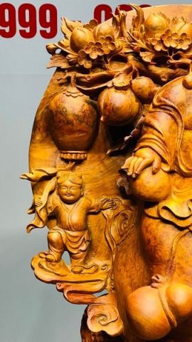 Di Lạc Tam Tiểu Vác Cành Đào Ngồi Bao Tiền Gỗ Nu Hương Ôm Đá