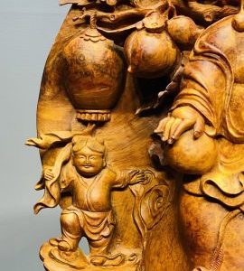 Di Lạc Tam Tiểu Vác Cành Đào Ngồi Bao Tiền Gỗ Nu Hương Ôm Đá