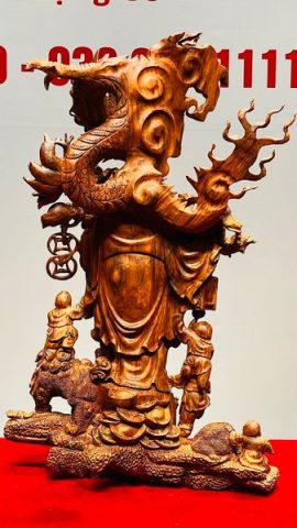 Di Lạc Ngũ Phúc vác đào đứng Long Nghê Gỗ Sưa