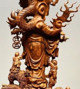 Di Lạc Ngũ Phúc vác đào đứng Long Nghê Gỗ Sưa