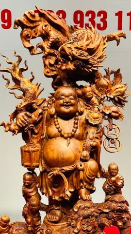 Di Lạc Ngũ Phúc vác đào đứng Long Nghê Gỗ Sưa