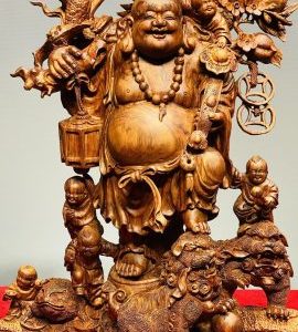 Di Lạc Ngũ Phúc vác đào đứng Long Nghê Gỗ Sưa