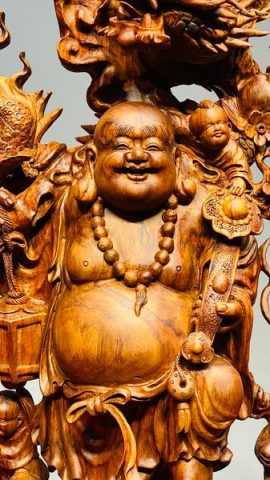 Di Lạc Ngũ Phúc vác đào đứng Long Nghê Gỗ Sưa