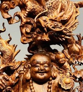 Di Lạc Ngũ Phúc vác đào đứng Long Nghê Gỗ Sưa