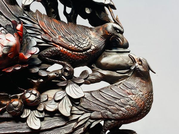 Đôi Chim Trĩ Hoa Mẫu Đơn Gỗ Trắc