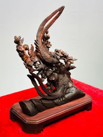 Phu Thê Viên Mãn Đôi Chim Trĩ Hoa Mai Gỗ Trắc