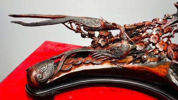 Cầu Gậy Như Ý Ngũ Điểu Hoa Mai Gỗ Trắc
