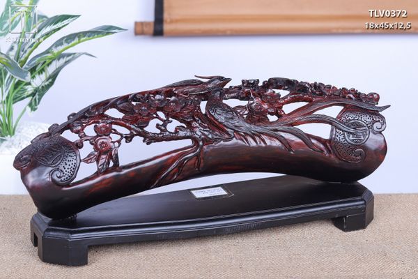 Cầu Gậy Như Ý Chim Trĩ Hoa Mai Gỗ Trắc