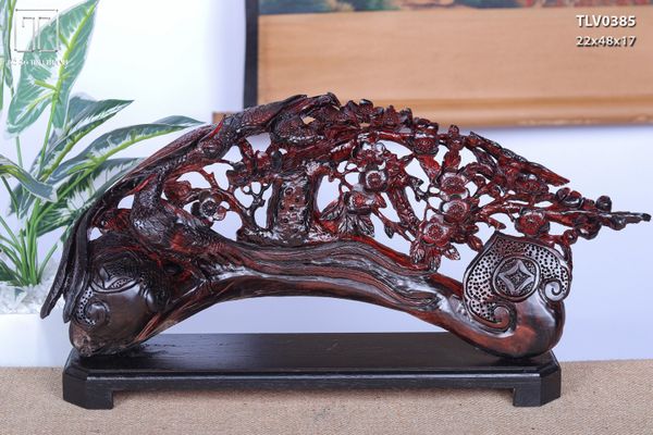 Cầu Gậy Như Ý Chim Trĩ Hoa Mai Gỗ Trắc