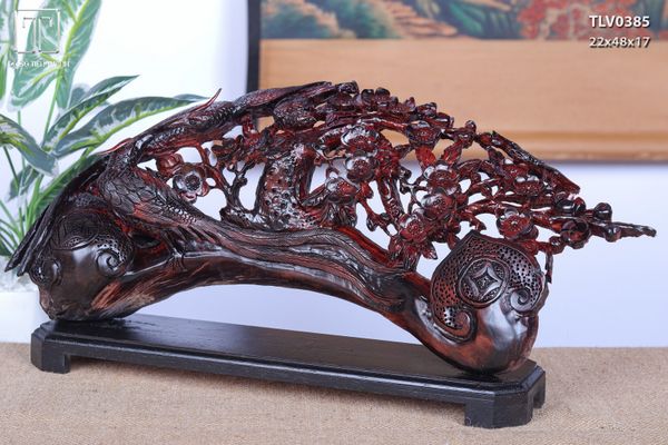 Cầu Gậy Như Ý Chim Trĩ Hoa Mai Gỗ Trắc