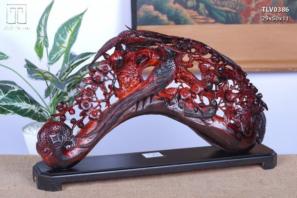 Cầu Gậy Như Ý Chim Trĩ Hoa Mai Gỗ Trắc