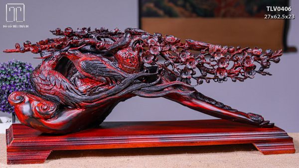 Cầu Gậy Như Ý Đôi Chim Trĩ Hoa Mai Gỗ Trắc