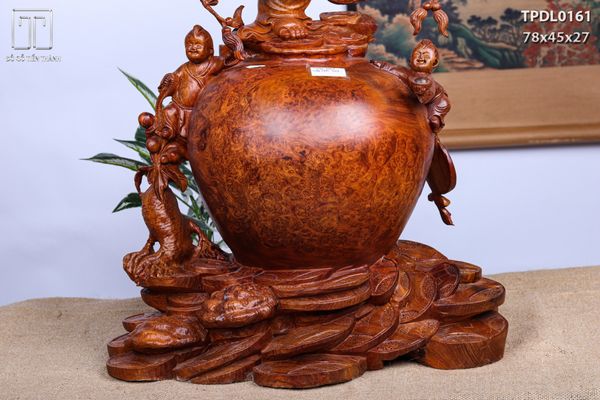 Di Lặc Vác Cành Đào Tam Tiểu Đứng Chum Tiền Gỗ Nu Hương