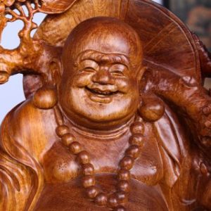 Di Lặc Vác Cành Đào Tam Tiểu Đứng Chum Tiền Gỗ Nu Hương