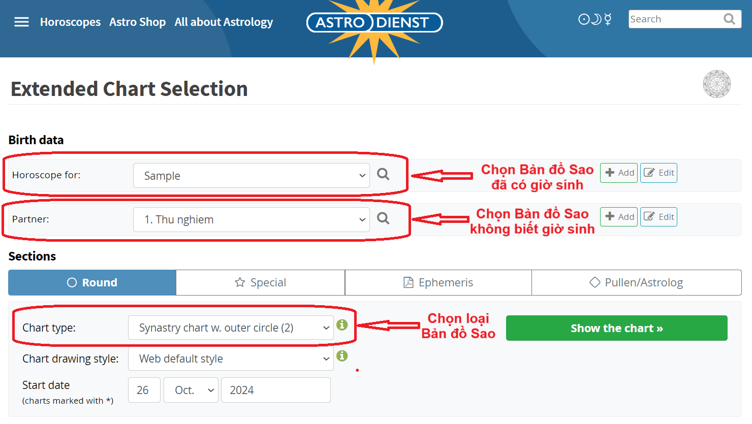 Nhập giờ sinh lập bản đồ sao chi tiết