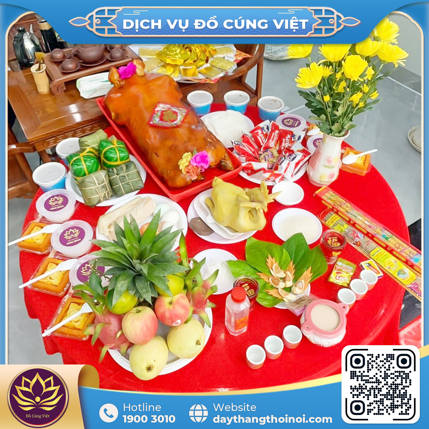 Bàn cúng tất niên truyền thống trong nhà đầy đủ lễ vật