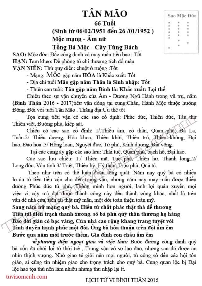 Tử vi tuổi Tân Mão 1951 nữ mạng