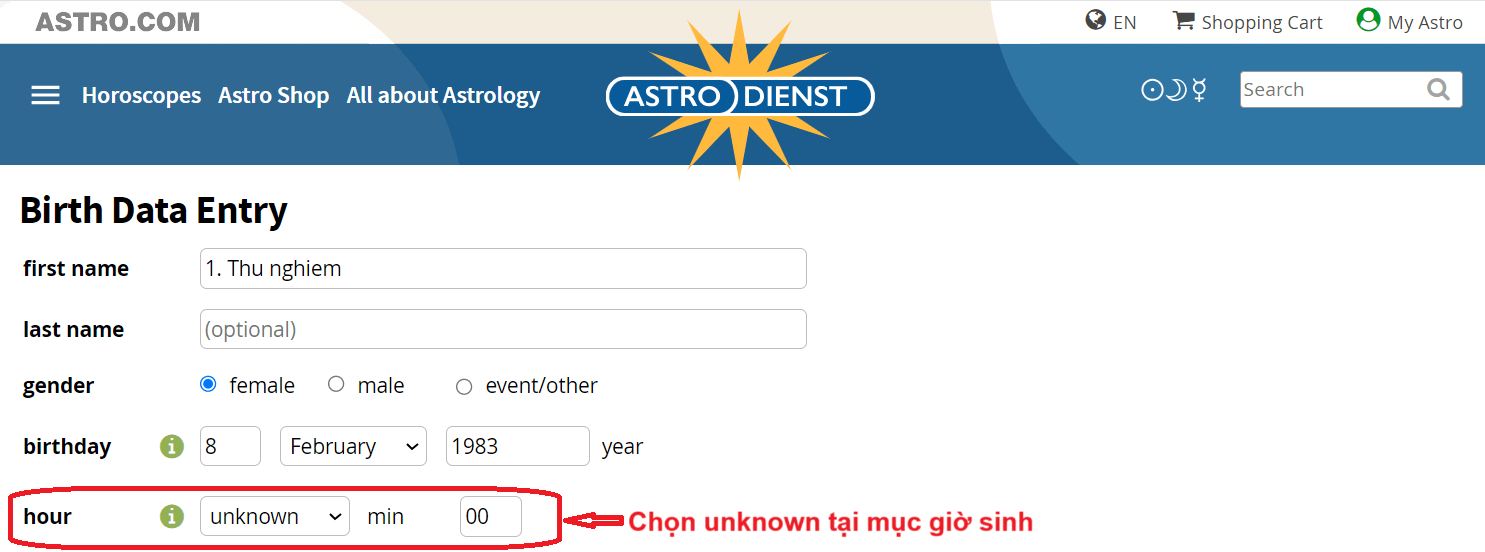 Nhập giờ sinh lập bản đồ sao chi tiết