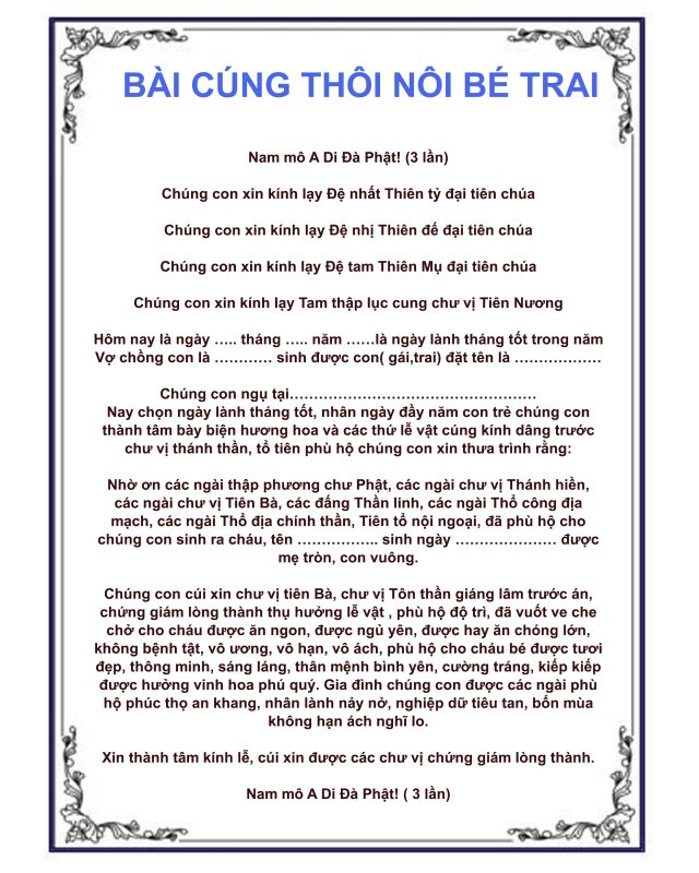 Bài cúng thôi nôi bé trai đầy đủ và đúng chuẩn